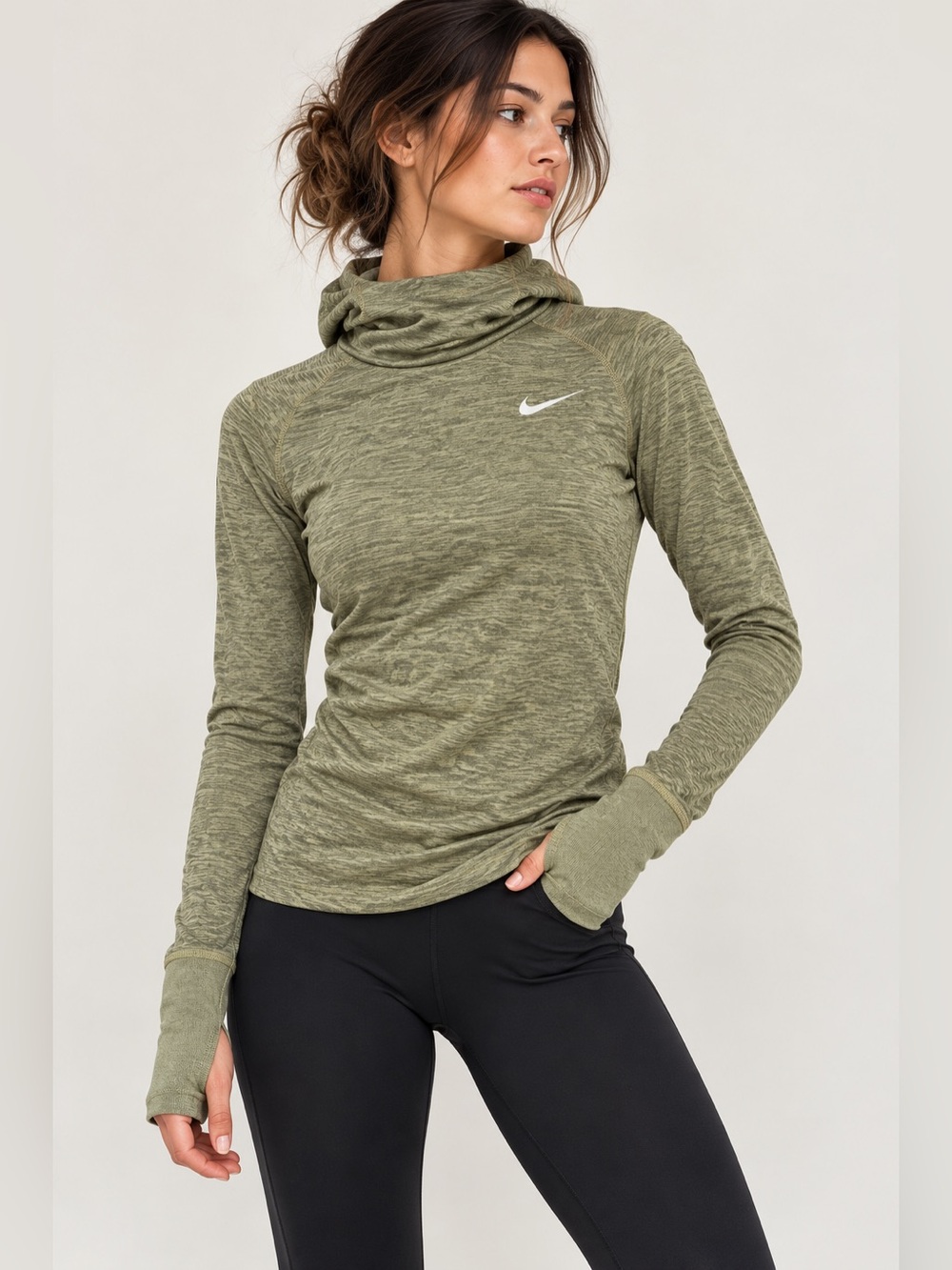 Nike Running Dri-FIT Hooded Long Sleeve Top Olive Green Women S Thumbholes